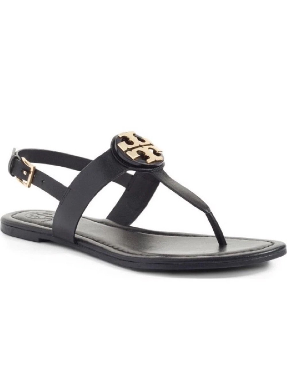 Tory Burch Bryce Black Leather Logo Thong Sandals with Gold Emblem Size 6.5